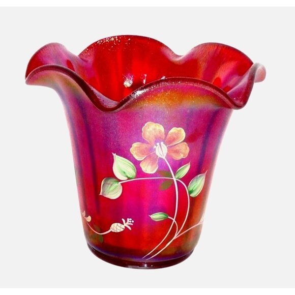 Fenton 100th Anniversary Hand-painted Ruby Red Glass Vase Floral Design Vintage